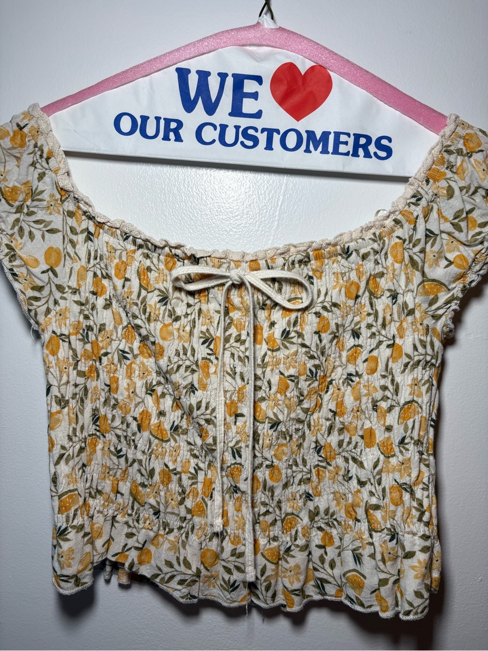 Off-Shoulder Smocked Lemon-Print Crop Top in Yellow